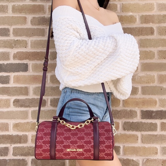 Michael Kors Handbags - Michael Kors Zooey Barrel Medium Messenger Crossbody Bag Mulberry MK Jacquard